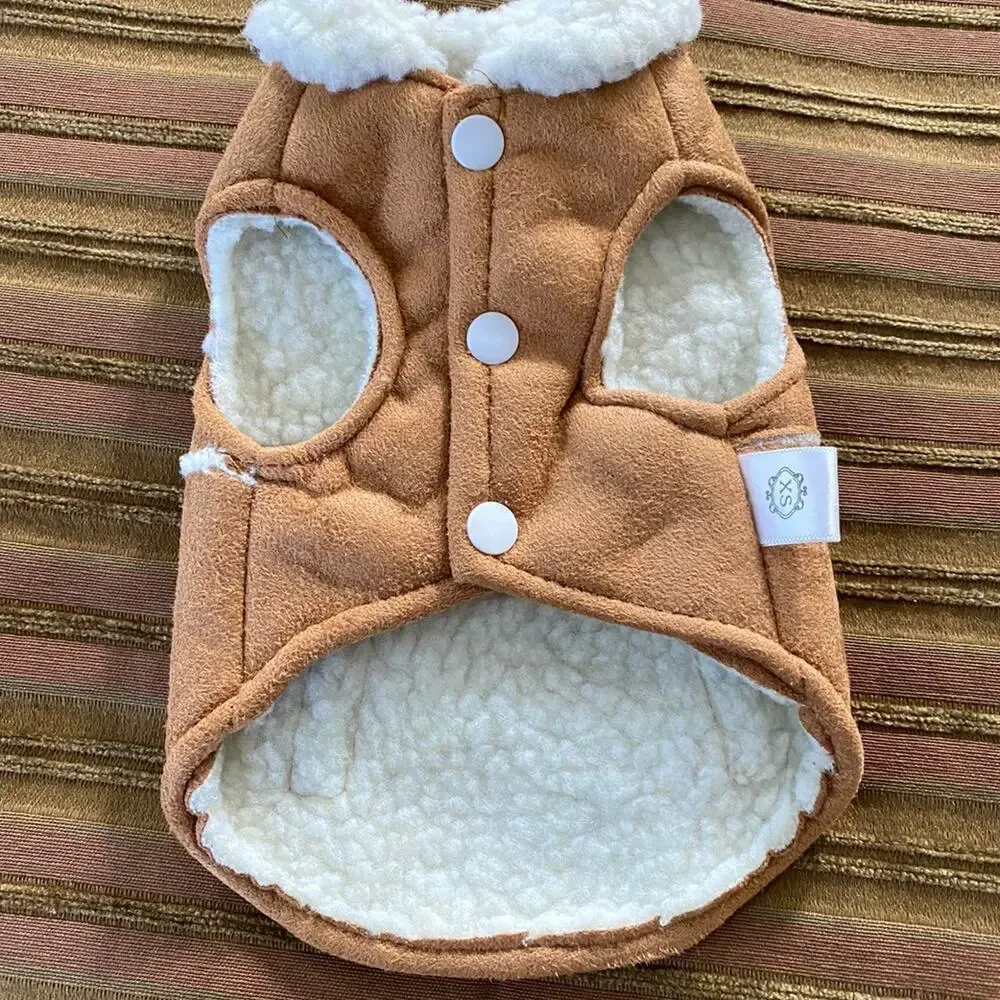 Dog Outfit Brown TAN Sherpa Fleece Pet Vest XS Boy Girl Sleeveless Snap Closure